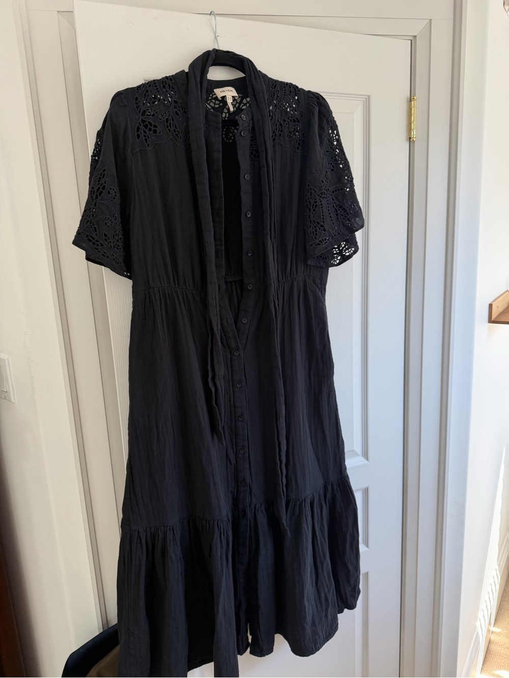 ME+EM Black Eyelet-Sleeve Midi Button-Front Dress